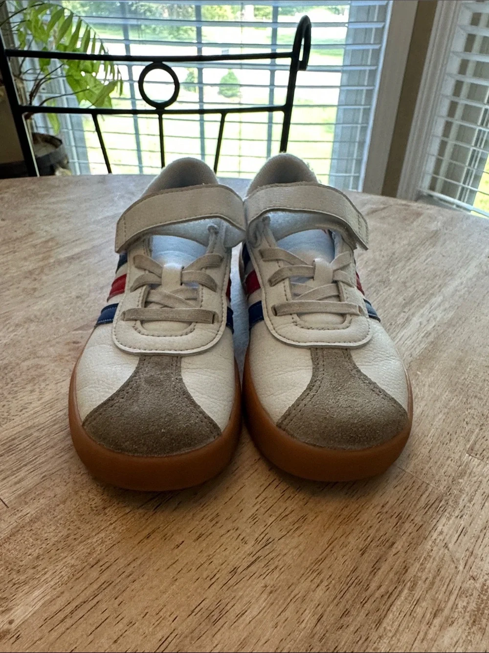 adidas White Kids Sneakers with Blue & Pink Stripes and Gum Sole